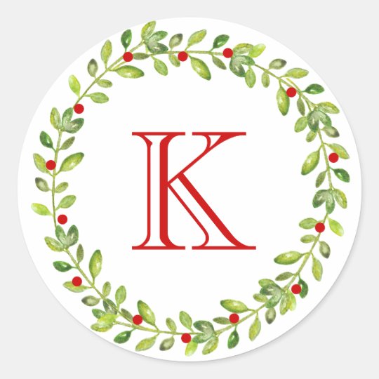 Holiday Wreath Initial Monogram Classic Round Sticker