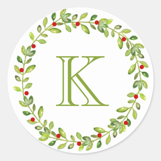 Holiday Wreath Initial Monogram, Green Classic Round Sticker (Front)