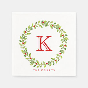 Holiday Wreath Initial Monogram, Red Napkin