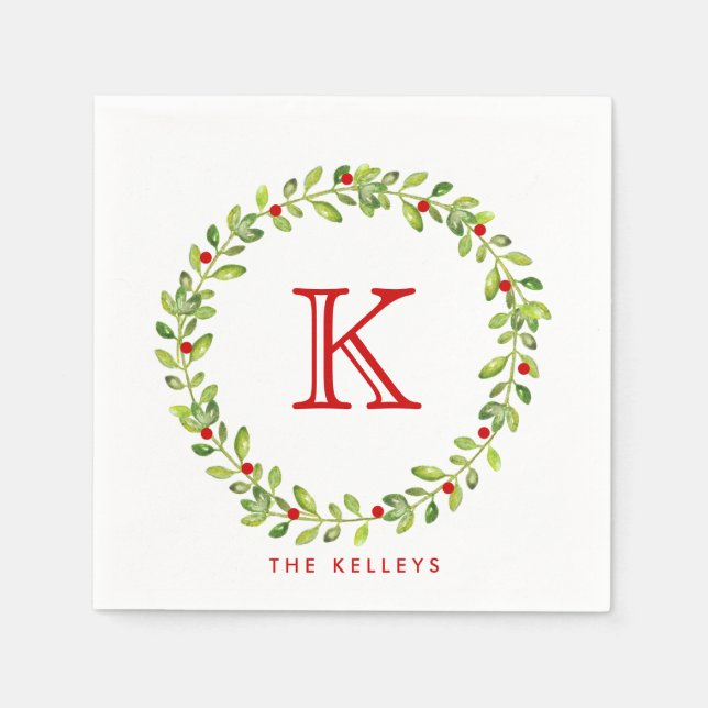Holiday Wreath Initial Monogram, Red Napkin (Front)