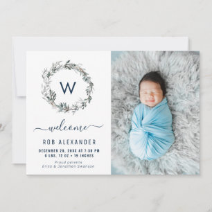 holiday wreath monogram birth announcement