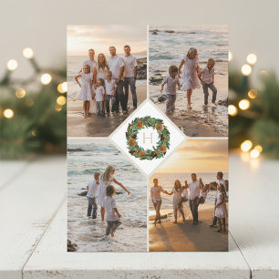Holiday Wreath Monogram Multi Photo Christmas Card