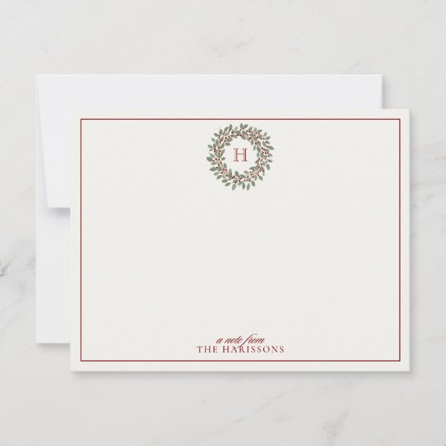 Holiday Wreath Monogram Note Card (Front)