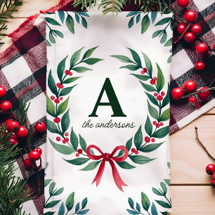 Holiday Wreath Monogram Personalised Christmas Tea Towel