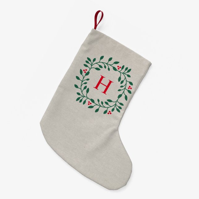 Holiday Wreath Monogram Small Christmas Stocking (Front (Hanging))