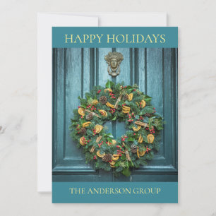 Holiday Wreath On Door With Vintage Door Knocker Card