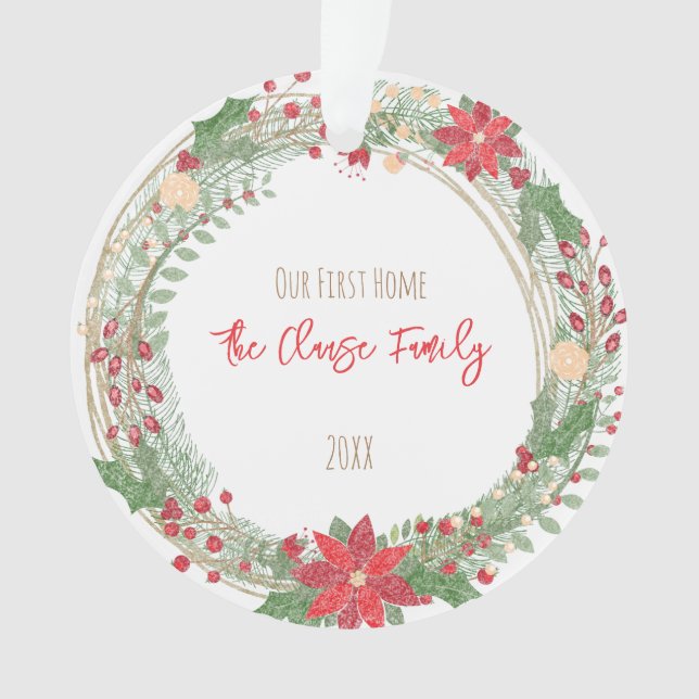 Holiday Wreath Our First Home Year Name Address Ornament (Front)