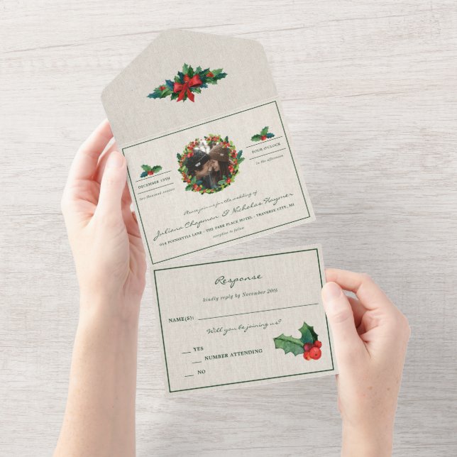 Holiday Wreath Poinsettia Christmas Wedding All In One Invitation (Tearaway)