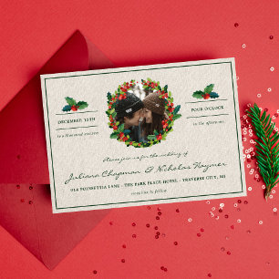 Holiday Wreath Poinsettia Christmas Wedding Invitation