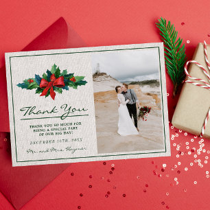 Holiday Wreath Poinsettia Christmas Wedding Thank You Card