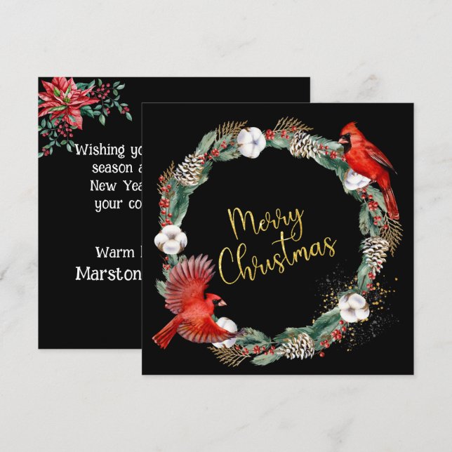 Holiday Wreath, Red Cardinals - Business Christmas Card (Front/Back)