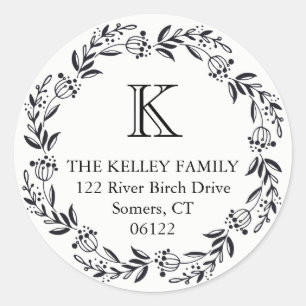 Holiday Wreath Rustic Black Initial Monogram Classic Round Sticker