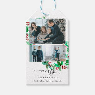 Holiday Wreath Script 3 Photo Merry Christmas Chic Gift Tags