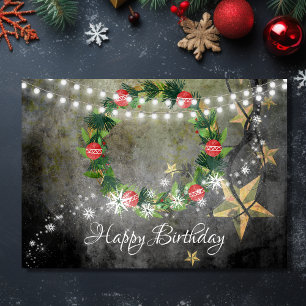 Holiday Wreath, Stars n Lights with Snow Birthday Card