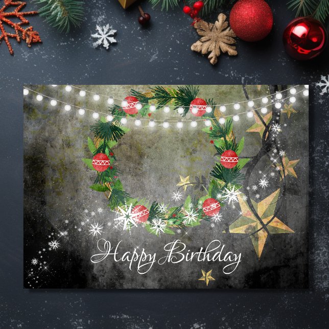 Holiday Wreath, Stars n Lights with Snow Birthday Card (Front - Holiday Wreath, Stars n Lights with Snow Birthday Card)