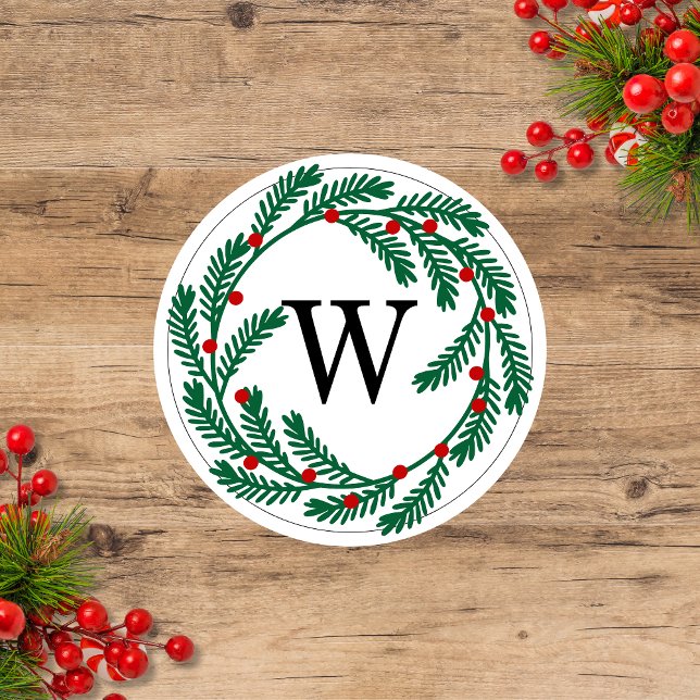 Holiday Wreath with Berries Monogram  Classic Round Sticker (Creator Uploaded)