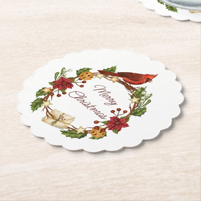 Holiday wreath with custom text paper coaster (Angled)