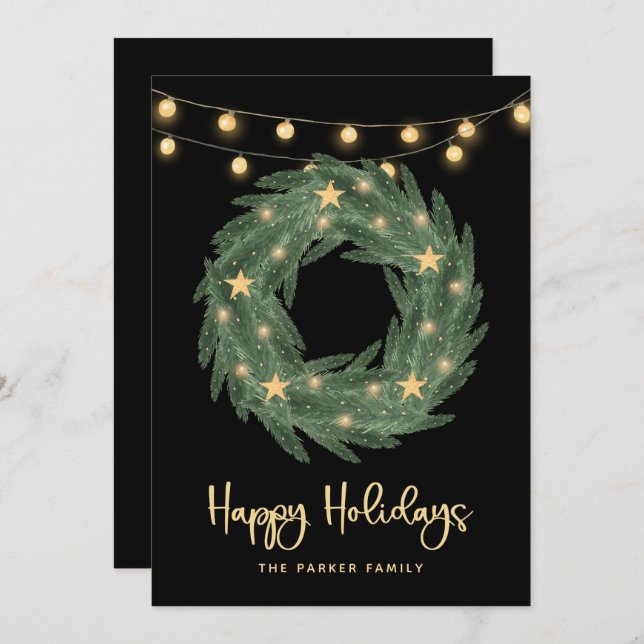 Holiday Wreath with Gold String Lights on Black (Front/Back)