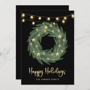 Holiday Wreath with Gold String Lights on Black