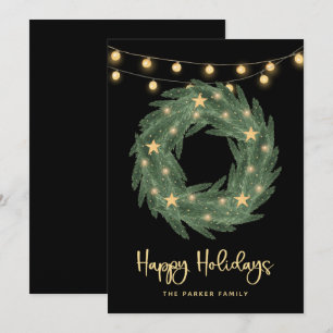 Holiday Wreath with Gold String Lights on Black Card
