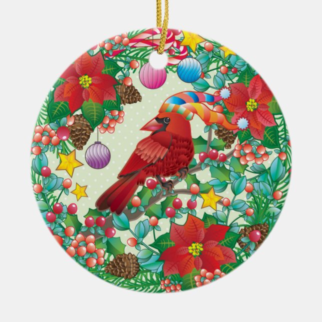 Holiday Wreath with Red Cardinal Bird Ceramic Tree Decoration (Front)