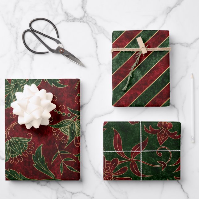Holiday Xmas Christmas Faux Velvet Red Green Wrapping Paper Sheet (Front)