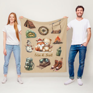 Holiday Xmas Couple Adventure Teddy Bear Fox Beige Fleece Blanket