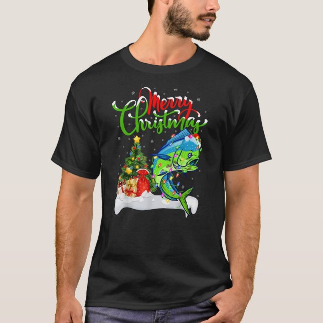 Holiday Xmas Tree Lights Santa Hat Mahi Mahi Fish  T-Shirt (Front)