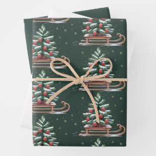 Holiday Xmas Tree Sleigh Winter Holiday Snowflakes Wrapping Paper Sheet