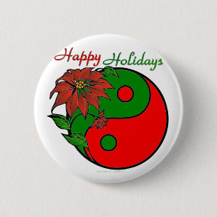 Holiday Yin Yang Poinsettia Green Red 6 Cm Round Badge