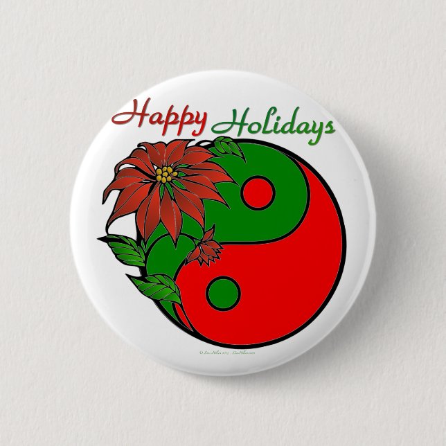 Holiday Yin Yang Poinsettia Green Red 6 Cm Round Badge (Front)