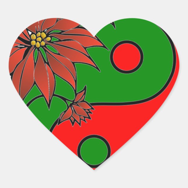 Holiday Yin Yang Poinsettia Green Red Heart Sticker (Front)