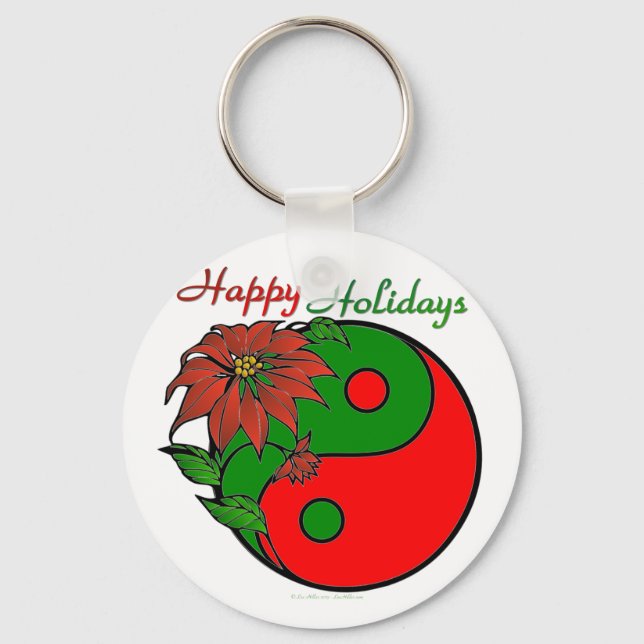 Holiday Yin Yang Poinsettia Green Red Key Ring (Front)