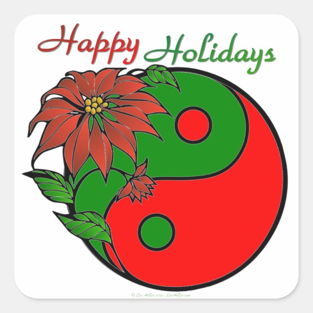 Holiday Yin Yang Poinsettia Green Red Square Sticker (Front)