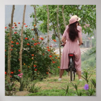 holiday, young asian girl in dress on the bike