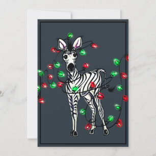 Holiday Zebra, red, green Christmas twinkle lights Card