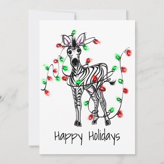 Holiday Zebra, red, green Christmas twinkle lights Card (Front)
