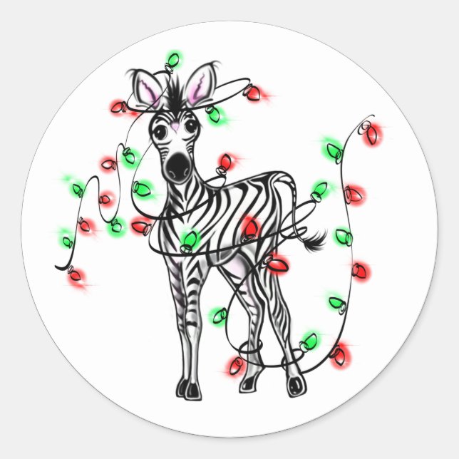 Holiday Zebra, red tartan, twinkle lights Classic Round Sticker (Front)