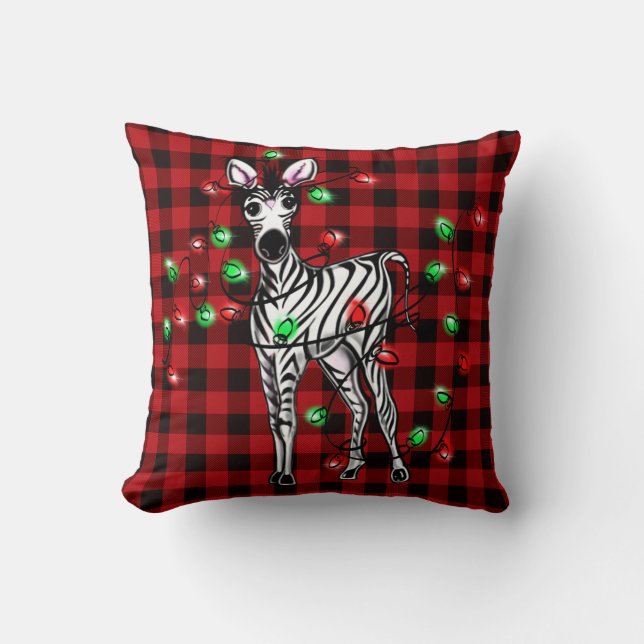 Holiday Zebra, red tartan, twinkle lights Cushion (Front)
