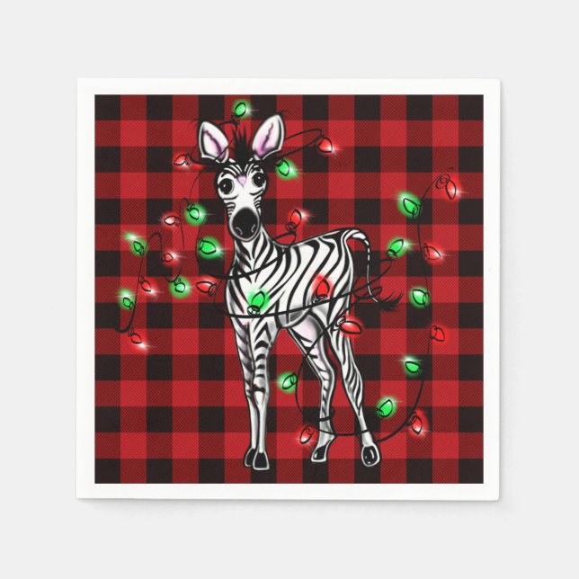 Holiday Zebra, red tartan, twinkle lights Napkin (Front)