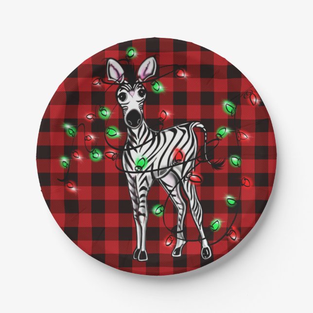 Holiday Zebra, red tartan, twinkle lights Paper Plate (Front)