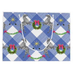 Holiday Zebras Blue Plaid Large Gift Bag