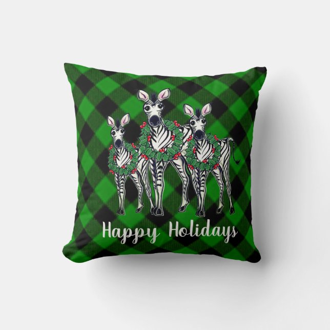Holiday Zebras , Christmas wreath, green plaid    Cushion (Front)