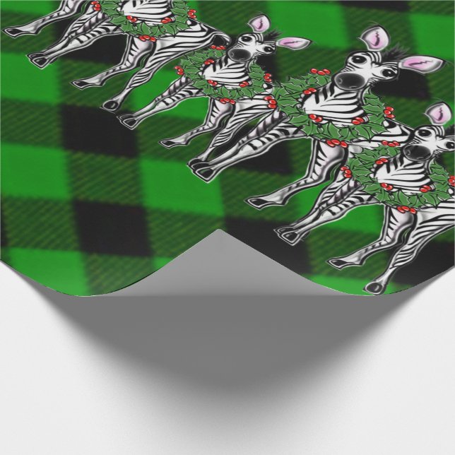 Holiday Zebras , Christmas wreath, green plaid    Wrapping Paper (Corner)