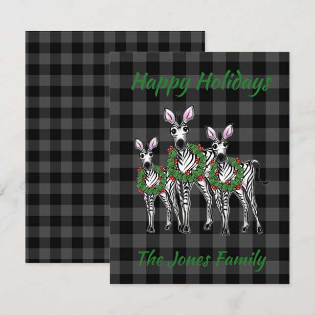  Holiday Zebras , Christmas wreath, grey plaid   Card (Front/Back)