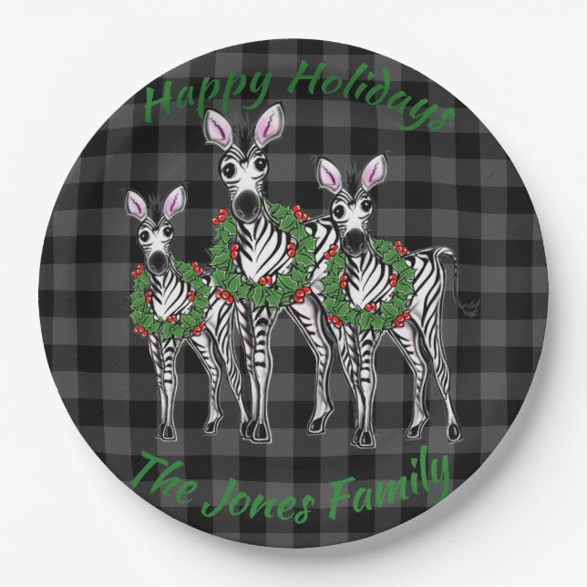  Holiday Zebras , Christmas wreath, grey plaid    Paper Plate (Front)