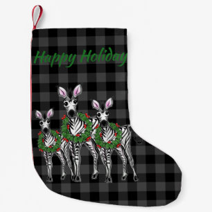  Holiday Zebras , Christmas wreath, grey plaid    Small Christmas Stocking