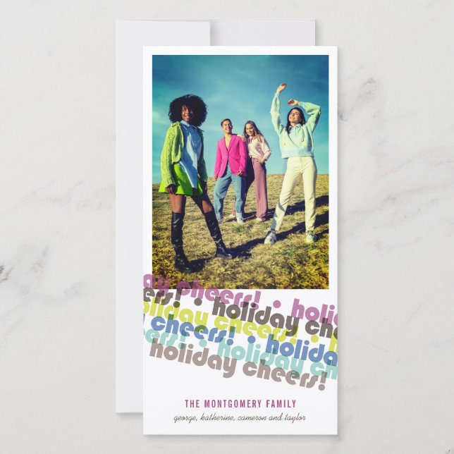 Holidays Cheers Colourful Typography Stripes Photo Holiday Card (Front)