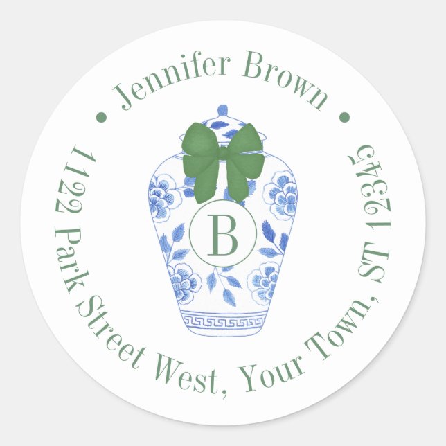 Holidays Chinoiserie Monogram Return Address Classic Round Sticker (Front)