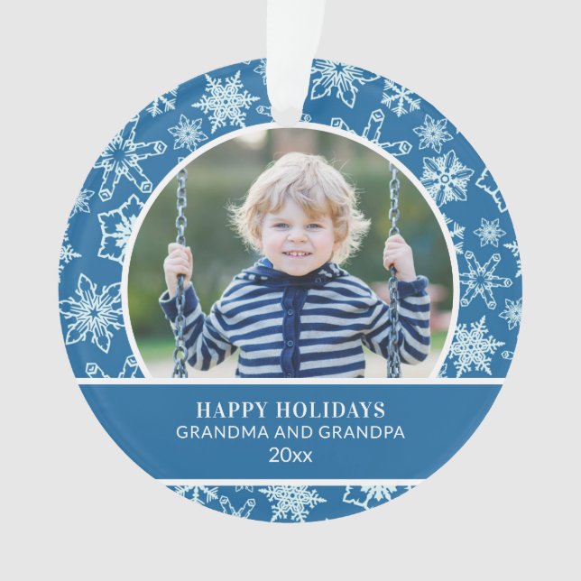 Holidays Grandma Grandpa Blue White Snowflakes Ornament (Front)